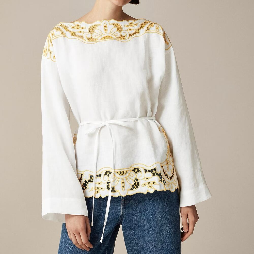 NWT J.Crew Cutwork Embroidered Tunic Top In 100% Linen White Orange XS (No Belt)